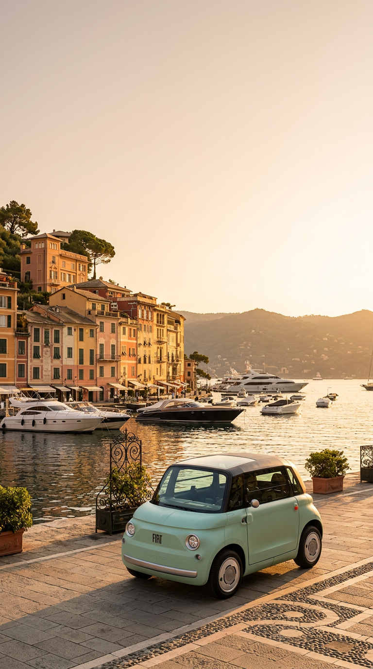 Closed Fiat Topolino electric car on the Santa Margherita Ligure waterfront at golden hour